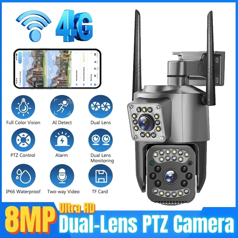 Home Cinema Outdoor - 屋外IPWiFi HD 8MP屋外監視カメラ,4K,PTZ,デュアルレンズ,CCTV監視,SIMカード,暗視,自動追跡,4g