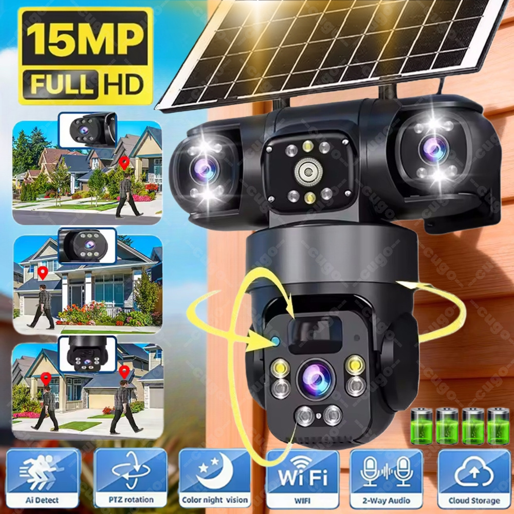 Home Cinema Outdoor - V380 3画面3レンズWIFIカメラ ソーラーPIR人感センサー搭載 暗視機能付き セキュリティビデオIPカメラ 15MP