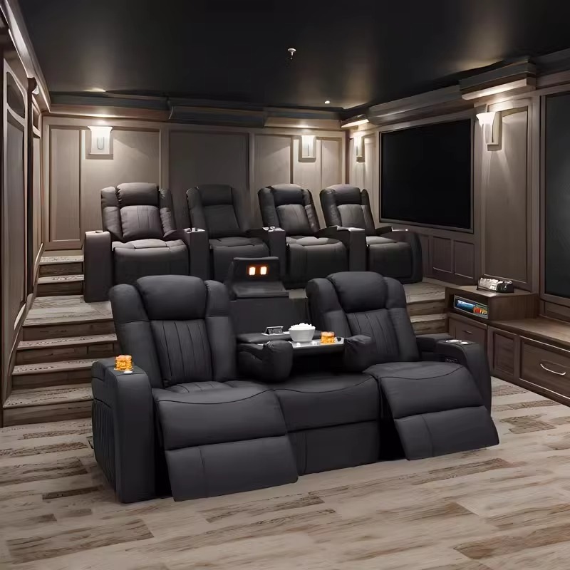 Home Cinema Sofa - 革製リクライニングソファセット 電動リクライニング ホームシアターソファセット シネマリクライニングチェア ブラックカラー 本革