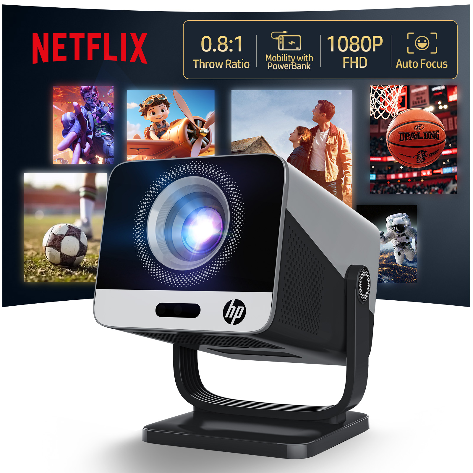 Netflix Home Cinema - HP MC475プロジェクター Netflixライセンス&AI対応、FHD 1080P Allwinner H726、デュアルWifi6